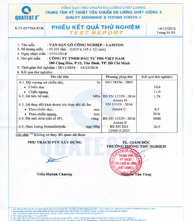 Bảng kết quả đo lường tiêu chuẩn chất lượng
