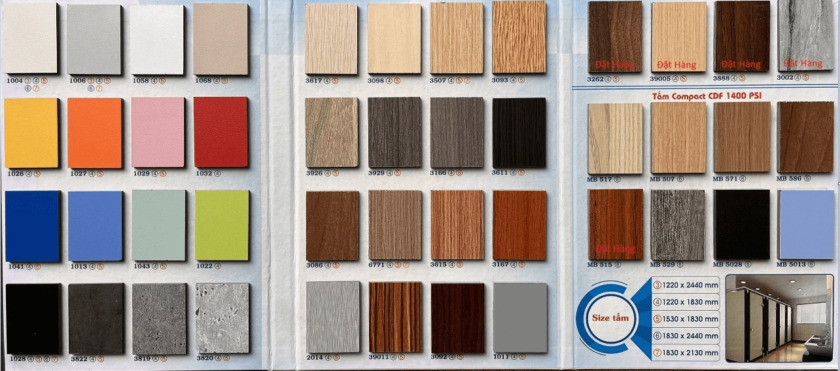 Bảng màu đa dạng của tấm compact từ màu đơn sắc đến vân gỗ, đá